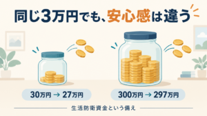 説明用の比較：30万円から3万円使うと27万円、300万円から使うと297万円が残る